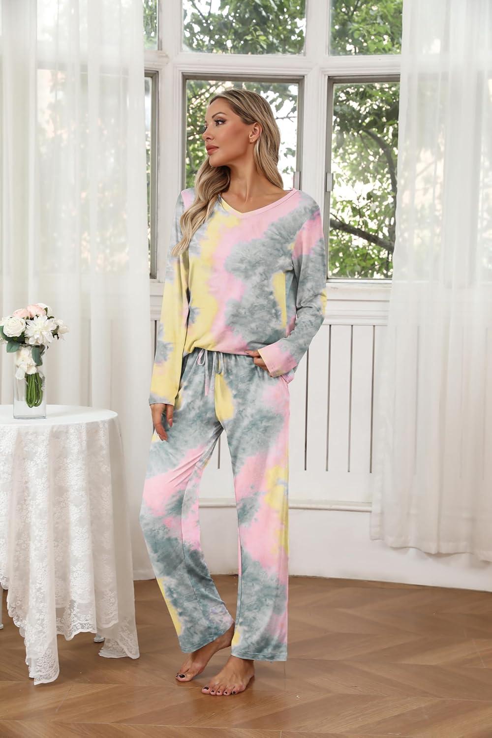 imageEkouaer Womens 2 Pack Pajama Set Long Sleeve Pajamas Top and Pants V Neck Pjs Set Soft Loungewear with PocketsAgray Tiedye White Strip