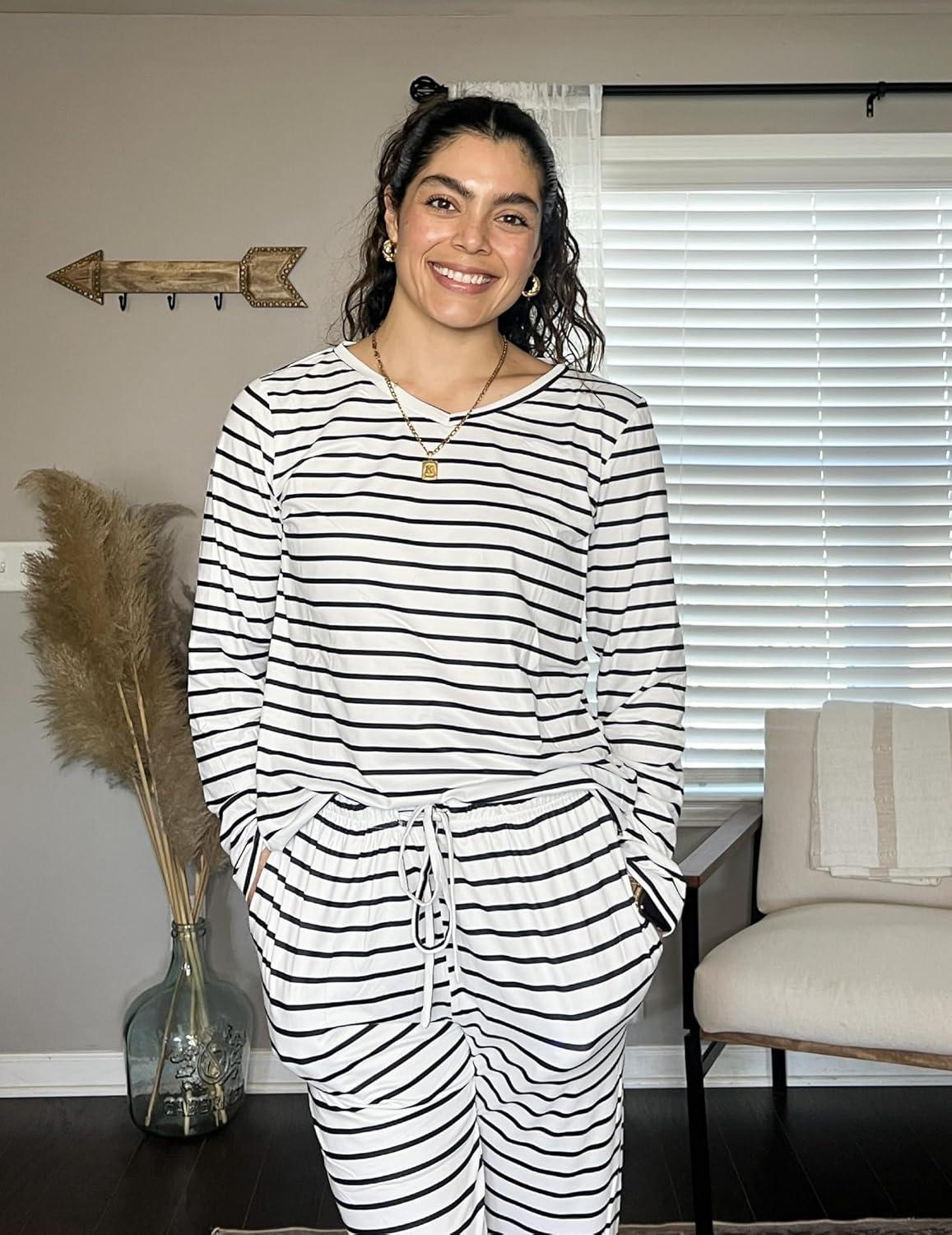 imageEkouaer Womens 2 Pack Pajama Set Long Sleeve Pajamas Top and Pants V Neck Pjs Set Soft Loungewear with PocketsAgray Tiedye White Strip