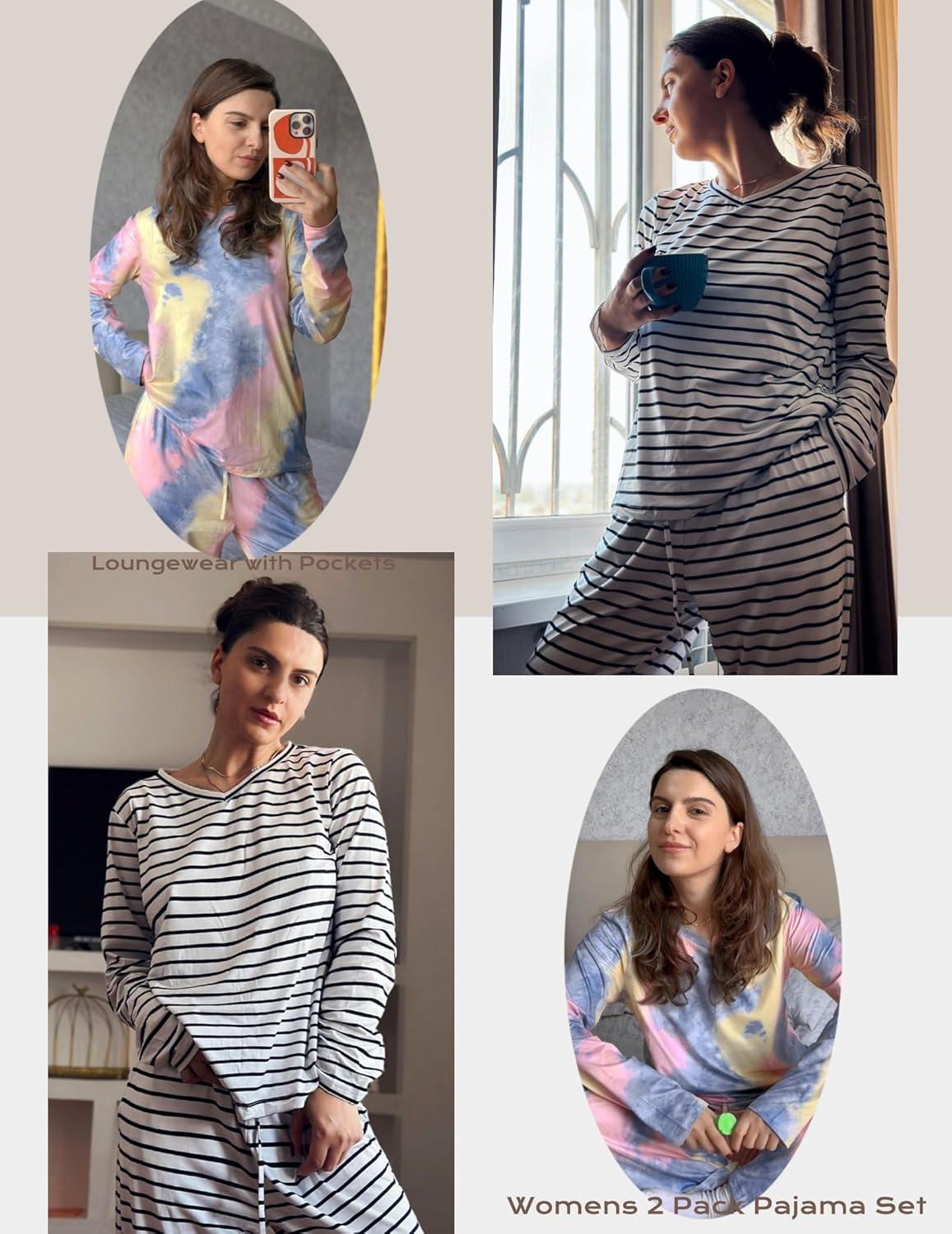imageEkouaer Womens 2 Pack Pajama Set Long Sleeve Pajamas Top and Pants V Neck Pjs Set Soft Loungewear with PocketsAgray Tiedye White Strip
