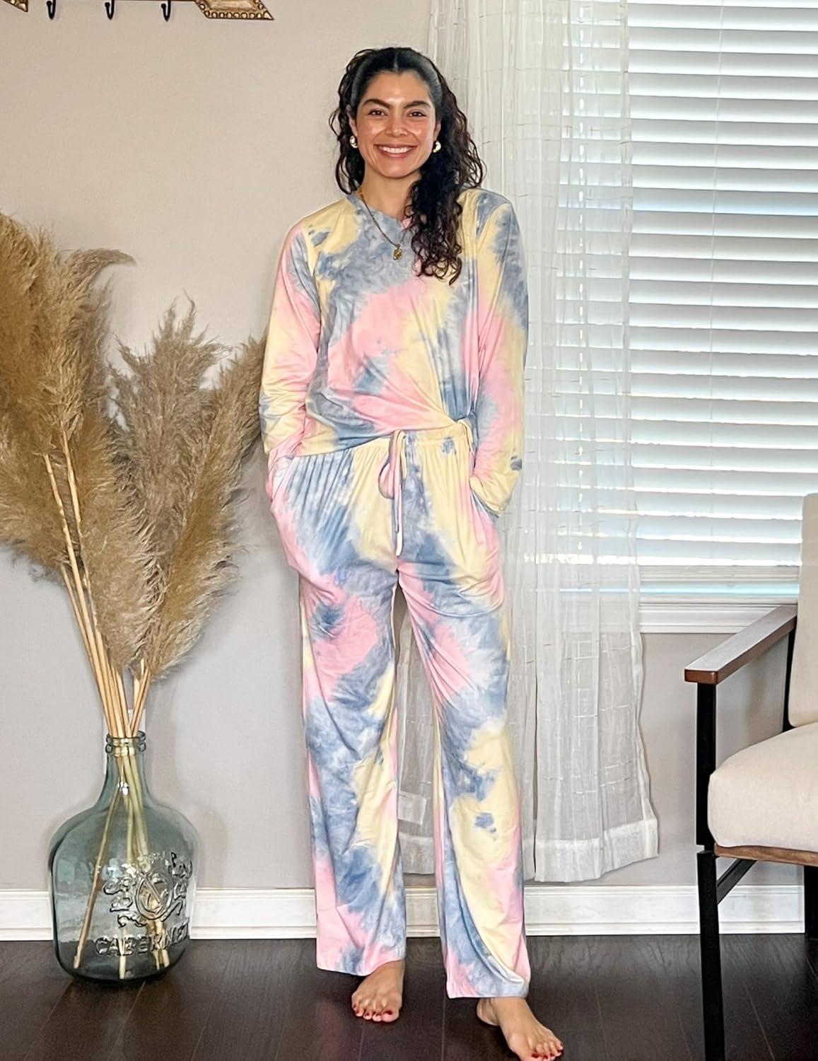 imageEkouaer Womens 2 Pack Pajama Set Long Sleeve Pajamas Top and Pants V Neck Pjs Set Soft Loungewear with PocketsAgray Tiedye White Strip