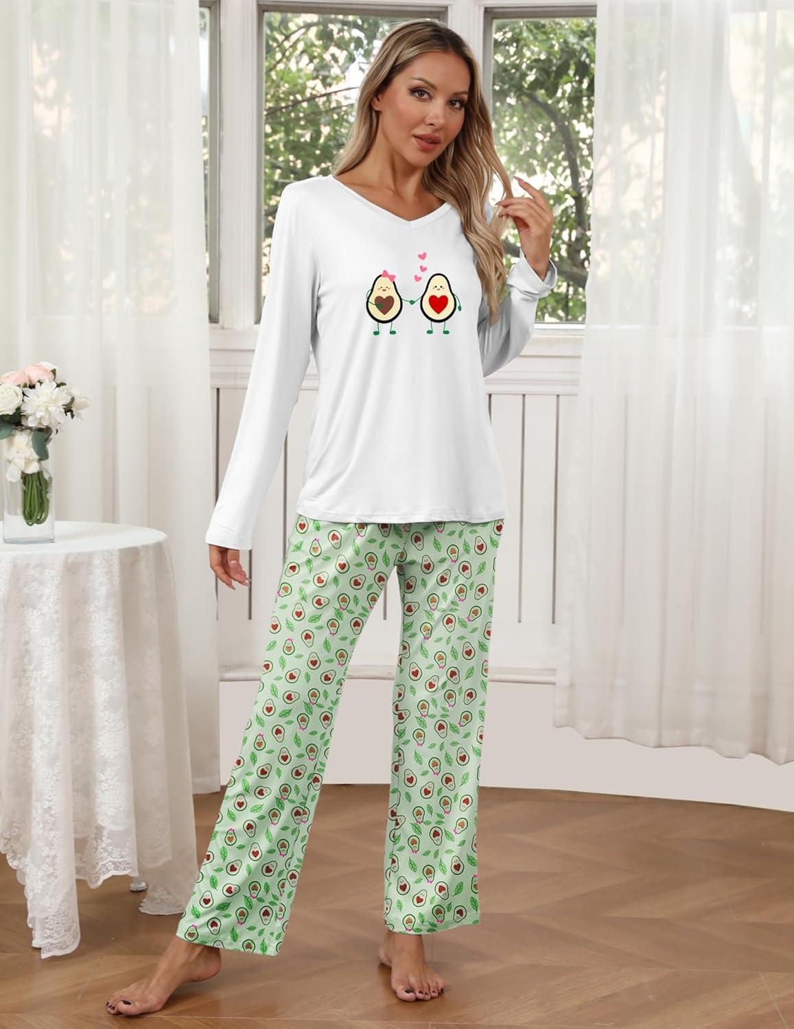 imageEkouaer Womens 2 Pack Pajama Set Long Sleeve Pajamas Top and Pants V Neck Pjs Set Soft Loungewear with PocketsAvocado Green Pink Leopard Print