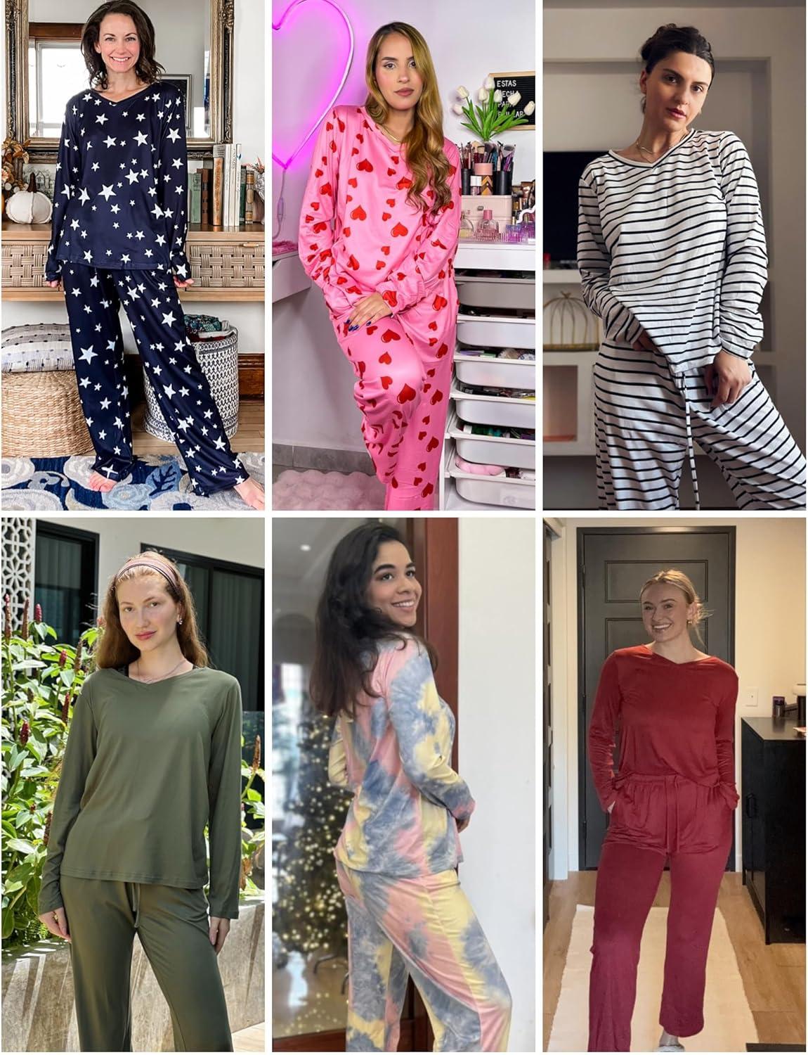 imageEkouaer Womens 2 Pack Pajama Set Long Sleeve Pajamas Top and Pants V Neck Pjs Set Soft Loungewear with PocketsBlack Dark Grey