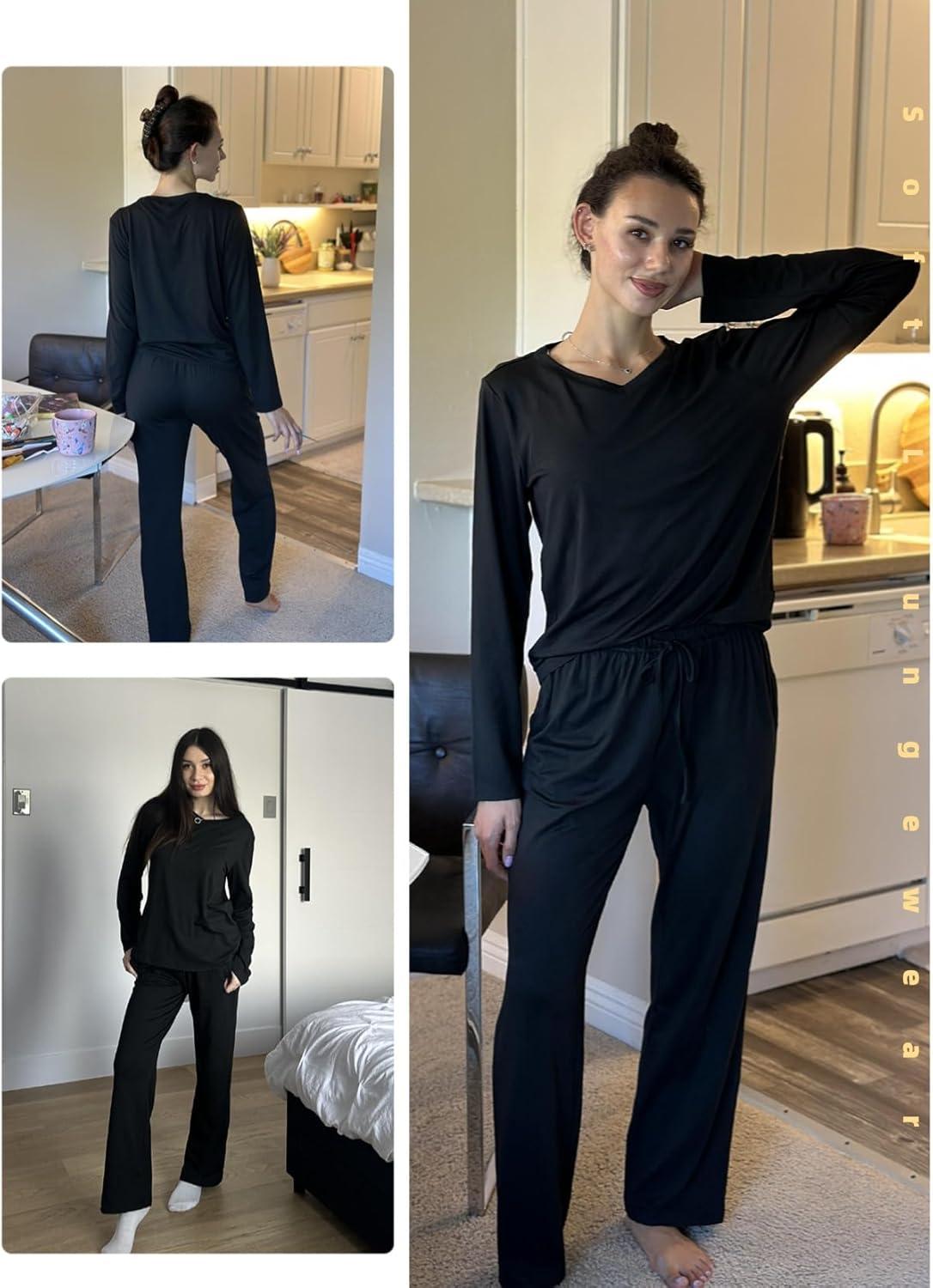 imageEkouaer Womens 2 Pack Pajama Set Long Sleeve Pajamas Top and Pants V Neck Pjs Set Soft Loungewear with PocketsBlack Dark Grey