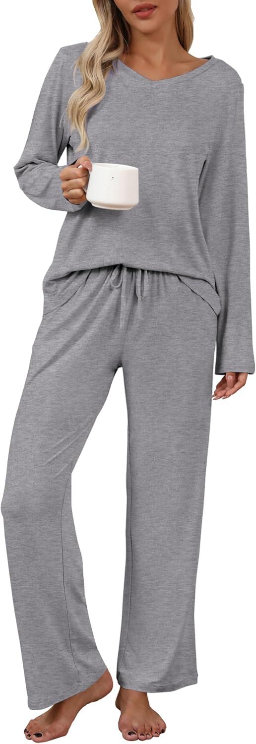 imageEkouaer Womens 2 Pack Pajama Set Long Sleeve Pajamas Top and Pants V Neck Pjs Set Soft Loungewear with PocketsBlack Dark Grey