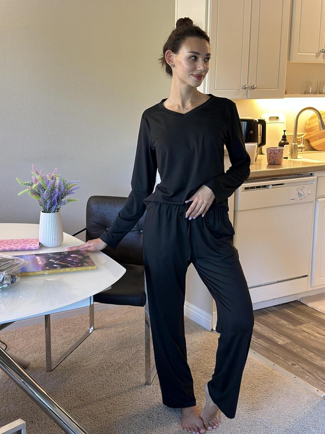imageEkouaer Womens 2 Pack Pajama Set Long Sleeve Pajamas Top and Pants V Neck Pjs Set Soft Loungewear with PocketsBlack Dark Grey