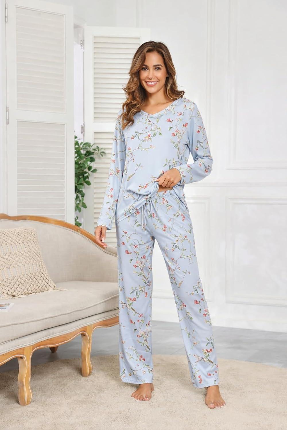 imageEkouaer Womens 2 Pack Pajama Set Long Sleeve Pajamas Top and Pants V Neck Pjs Set Soft Loungewear with PocketsBlack Floral Blue Floral