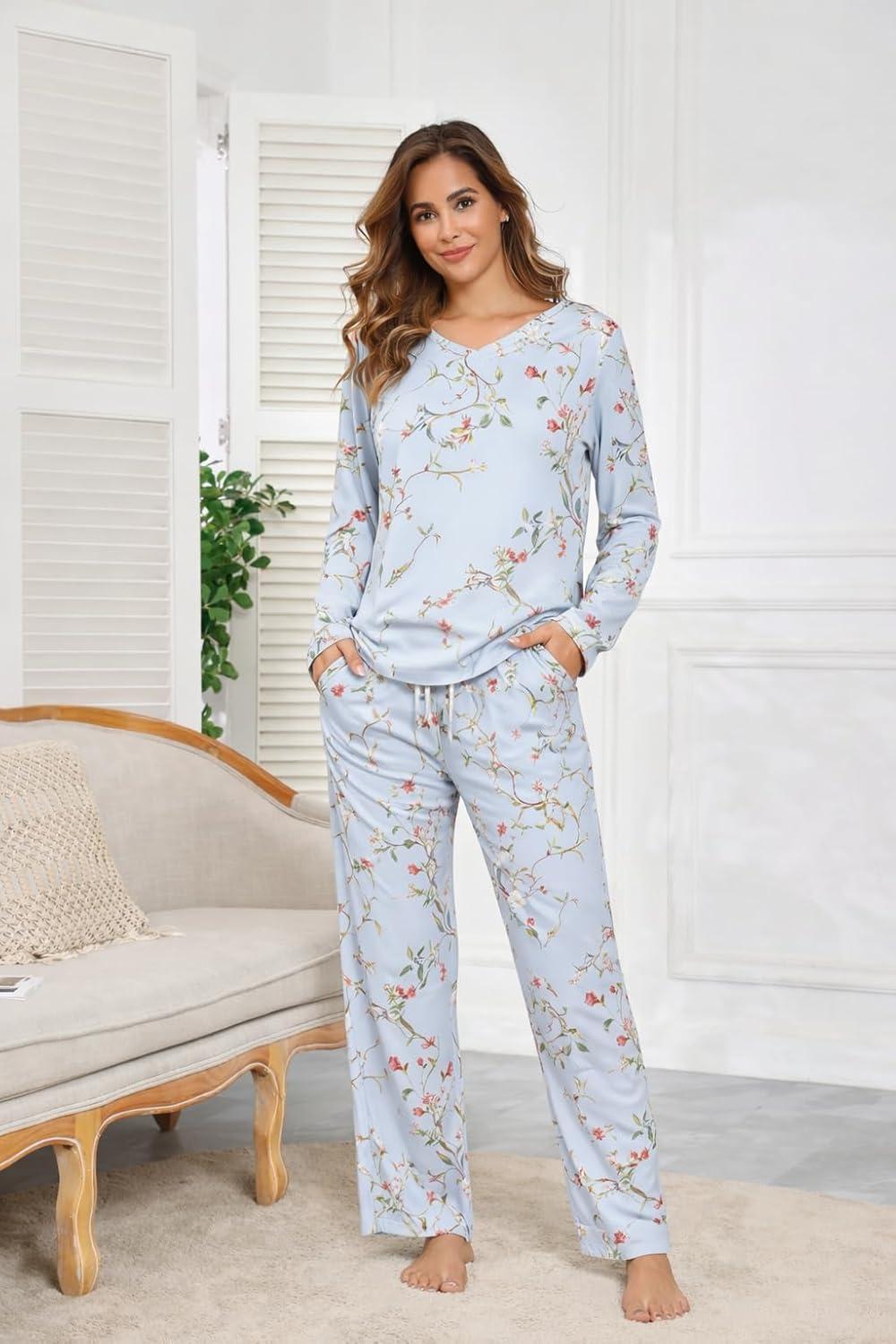 imageEkouaer Womens 2 Pack Pajama Set Long Sleeve Pajamas Top and Pants V Neck Pjs Set Soft Loungewear with PocketsBlack Floral Blue Floral