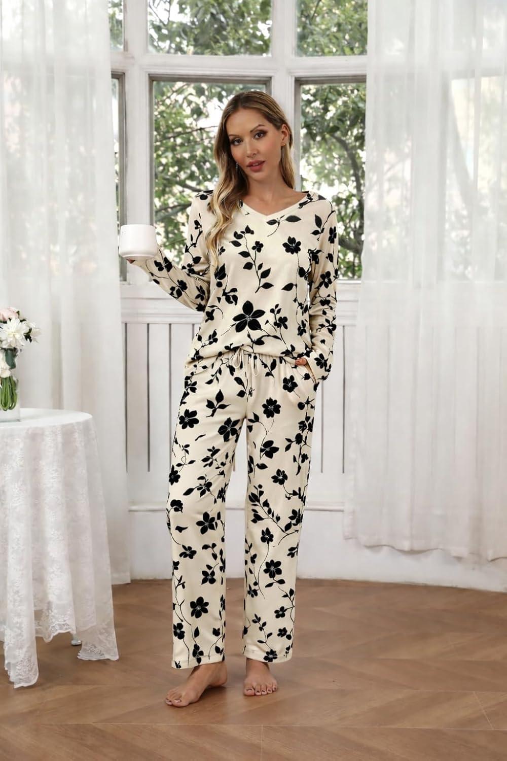 imageEkouaer Womens 2 Pack Pajama Set Long Sleeve Pajamas Top and Pants V Neck Pjs Set Soft Loungewear with PocketsBlack Floral Blue Floral