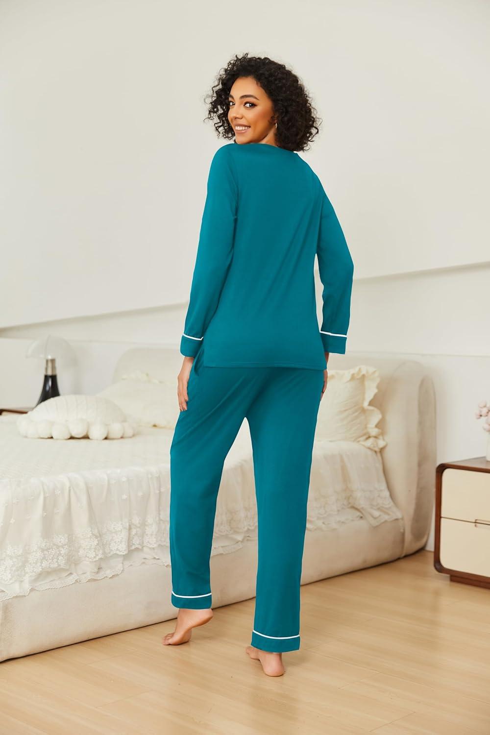 imageEkouaer Womens 2 Pack Pajama Set Long Sleeve Pajamas Top and Pants V Neck Pjs Set Soft Loungewear with PocketsBlack blue Green