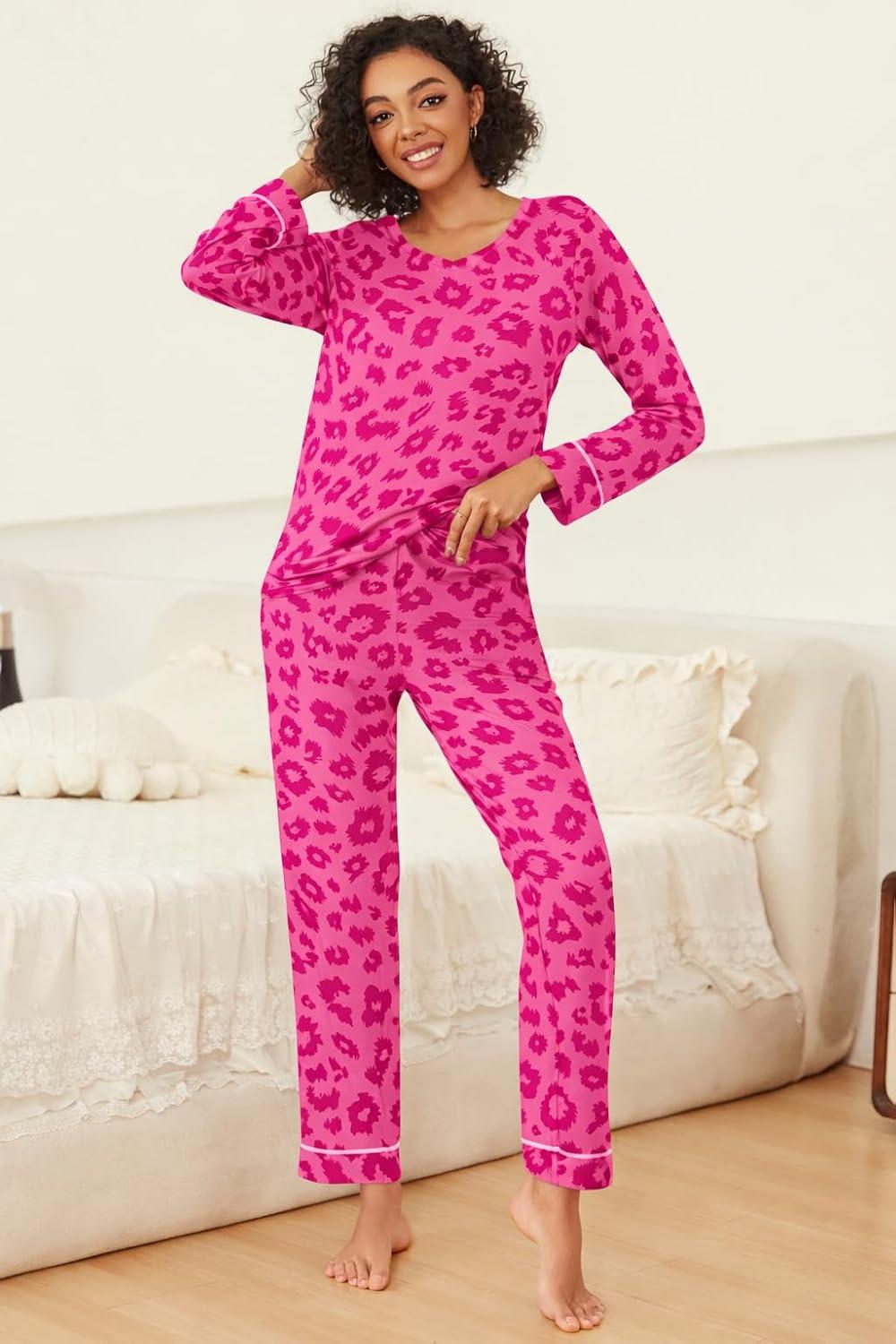 imageEkouaer Womens 2 Pack Pajama Set Long Sleeve Pajamas Top and Pants V Neck Pjs Set Soft Loungewear with PocketsBlack leopard Rose Pink