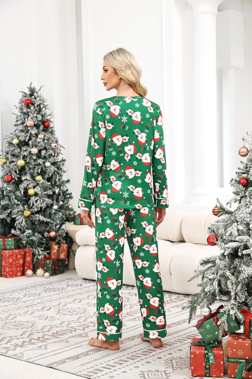 imageEkouaer Womens 2 Pack Pajama Set Long Sleeve Pajamas Top and Pants V Neck Pjs Set Soft Loungewear with PocketsChristmas Elkred christmas Green