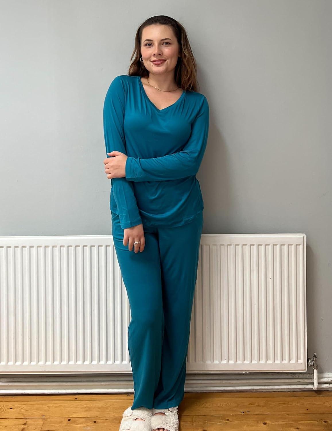 imageEkouaer Womens 2 Pack Pajama Set Long Sleeve Pajamas Top and Pants V Neck Pjs Set Soft Loungewear with PocketsDark Gray Green