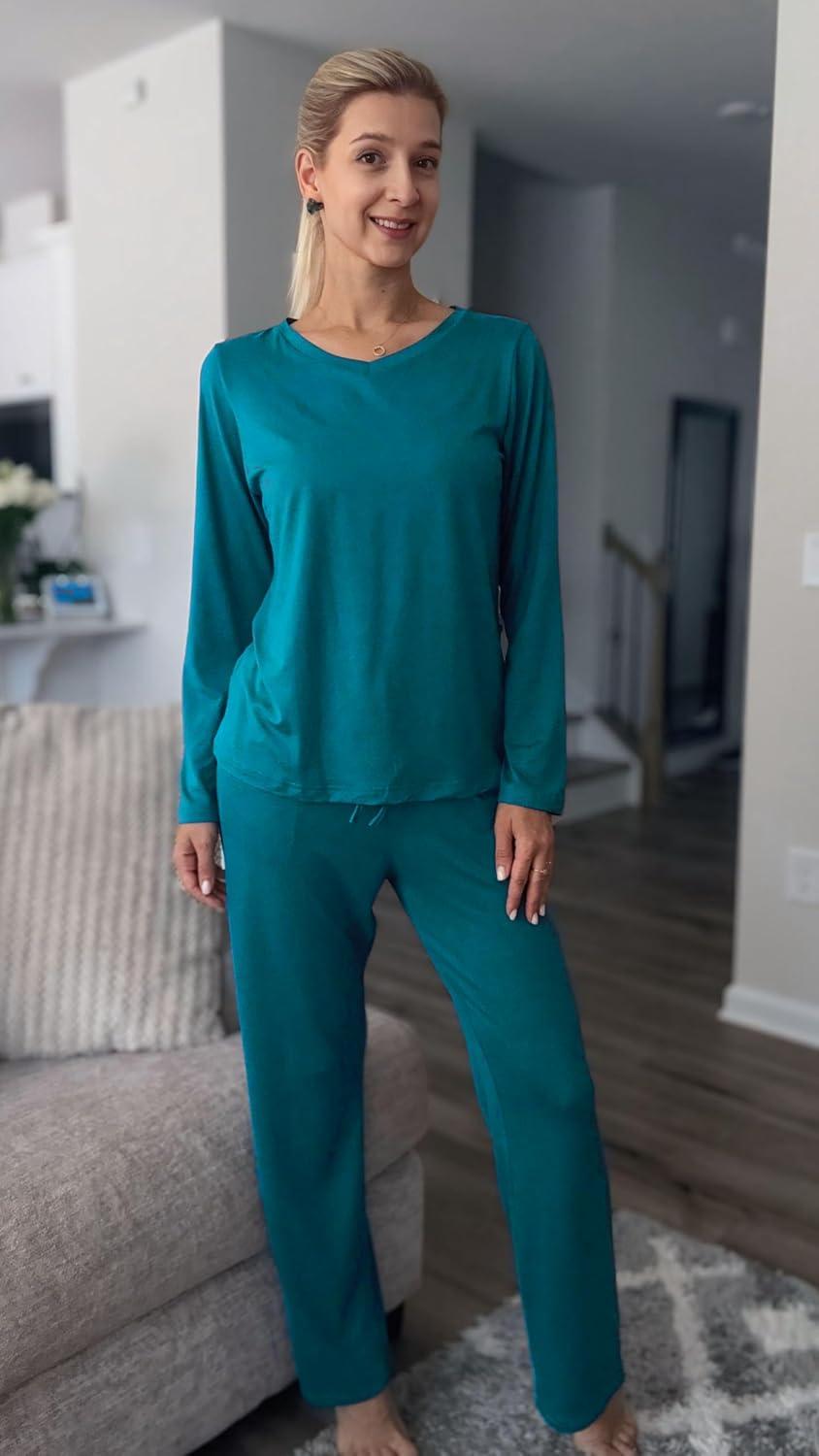 imageEkouaer Womens 2 Pack Pajama Set Long Sleeve Pajamas Top and Pants V Neck Pjs Set Soft Loungewear with PocketsDark Gray Green