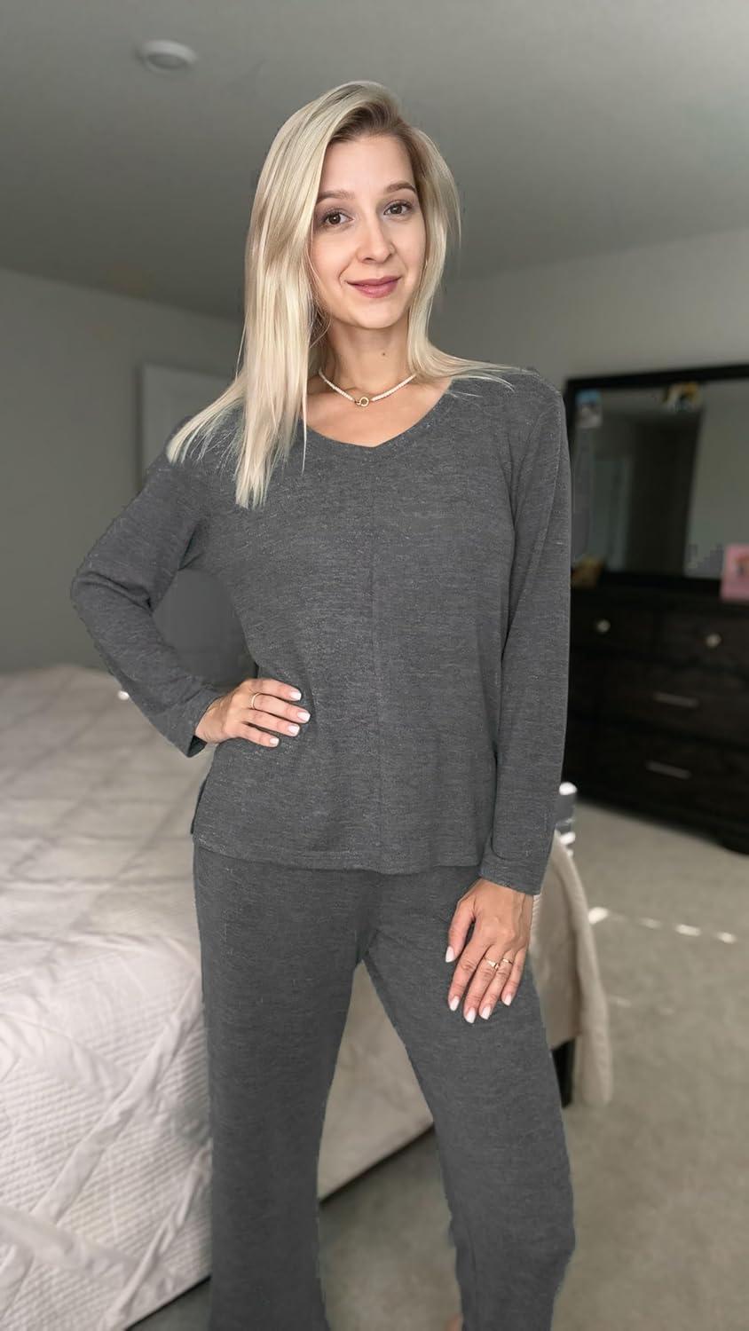 imageEkouaer Womens 2 Pack Pajama Set Long Sleeve Pajamas Top and Pants V Neck Pjs Set Soft Loungewear with PocketsDark Gray Green