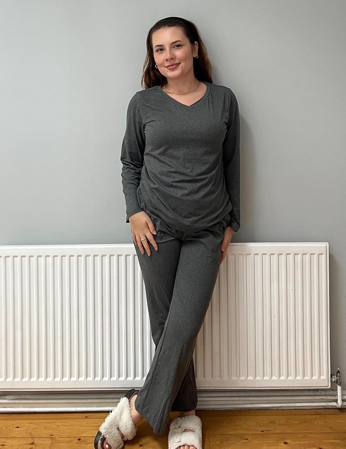 imageEkouaer Womens 2 Pack Pajama Set Long Sleeve Pajamas Top and Pants V Neck Pjs Set Soft Loungewear with PocketsDark Gray Green
