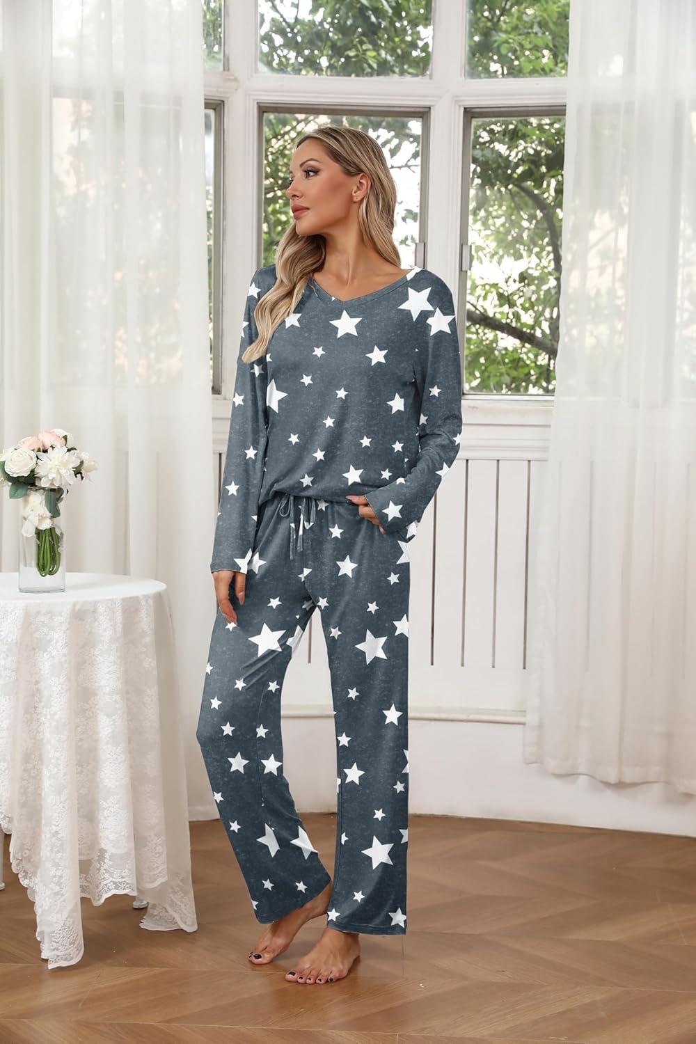 imageEkouaer Womens 2 Pack Pajama Set Long Sleeve Pajamas Top and Pants V Neck Pjs Set Soft Loungewear with PocketsLeopard grey Star