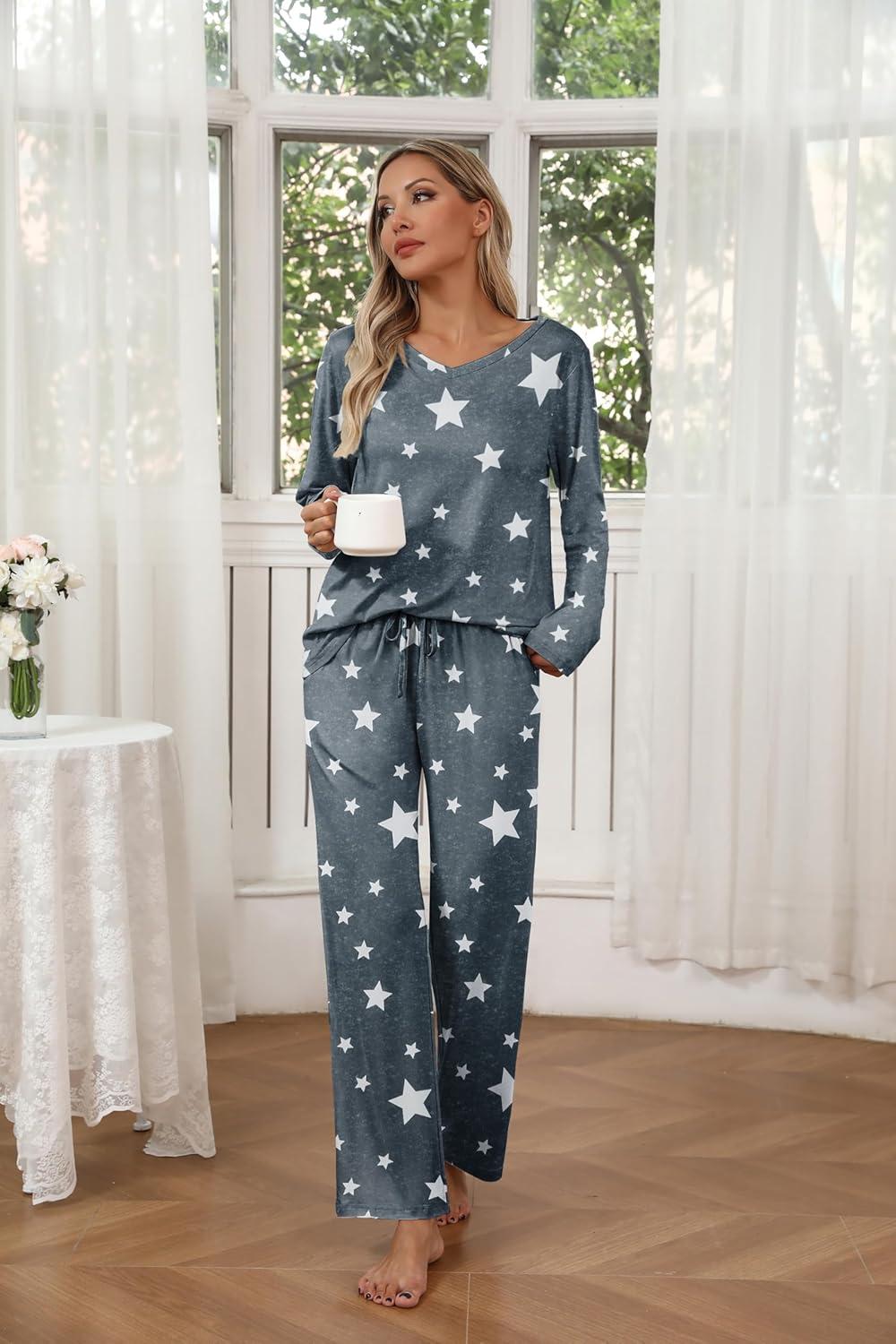 imageEkouaer Womens 2 Pack Pajama Set Long Sleeve Pajamas Top and Pants V Neck Pjs Set Soft Loungewear with PocketsLeopard grey Star