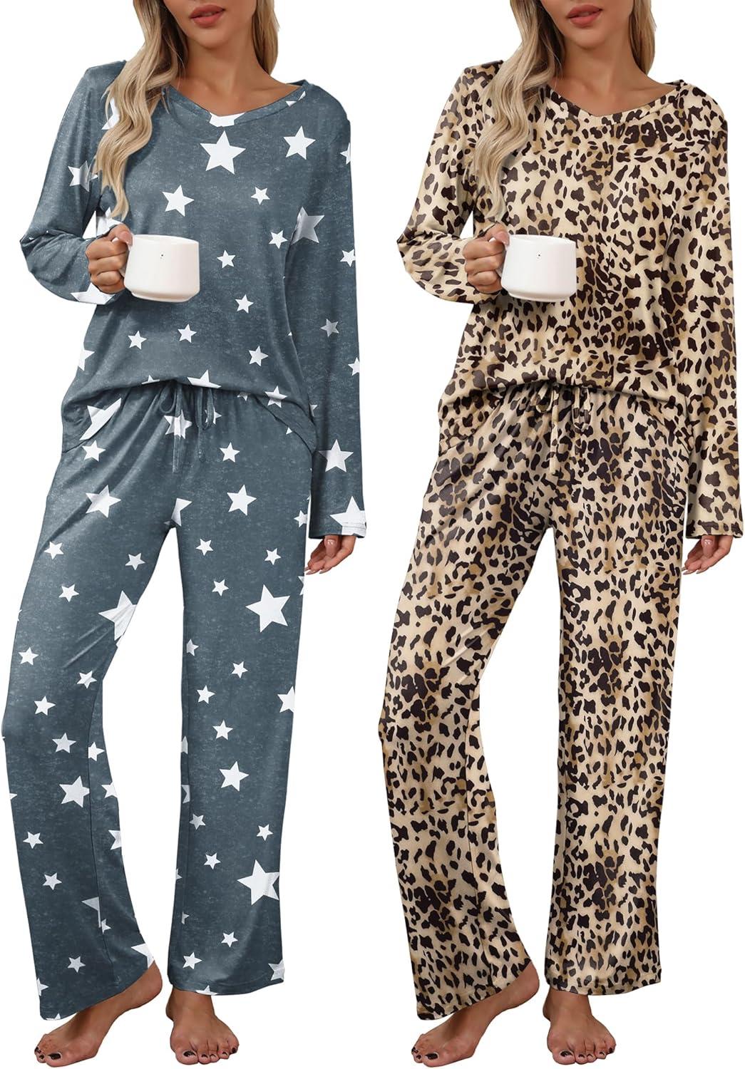 imageEkouaer Womens 2 Pack Pajama Set Long Sleeve Pajamas Top and Pants V Neck Pjs Set Soft Loungewear with PocketsLeopard grey Star