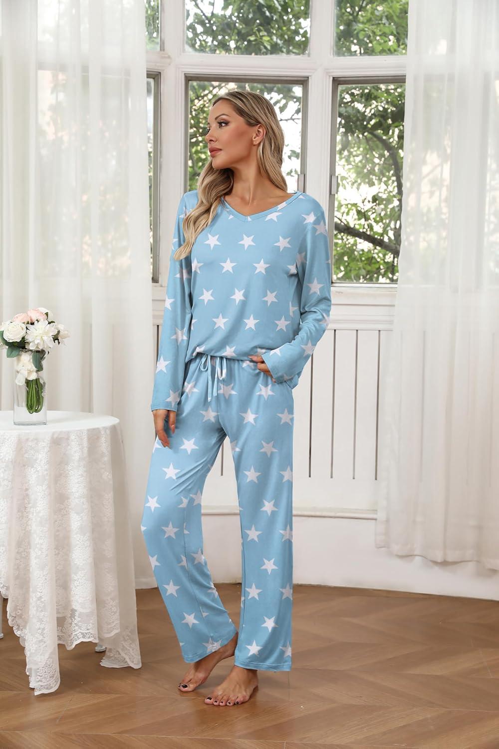 imageEkouaer Womens 2 Pack Pajama Set Long Sleeve Pajamas Top and Pants V Neck Pjs Set Soft Loungewear with PocketsLight Blue Star Pink