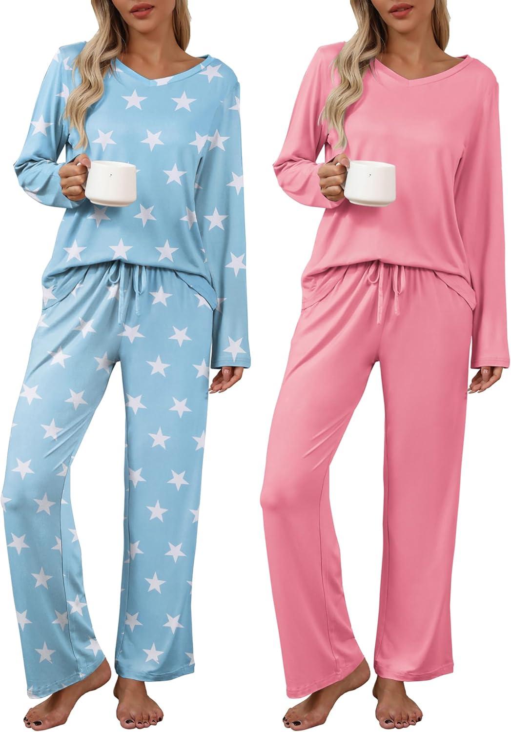 imageEkouaer Womens 2 Pack Pajama Set Long Sleeve Pajamas Top and Pants V Neck Pjs Set Soft Loungewear with PocketsLight Blue Star Pink