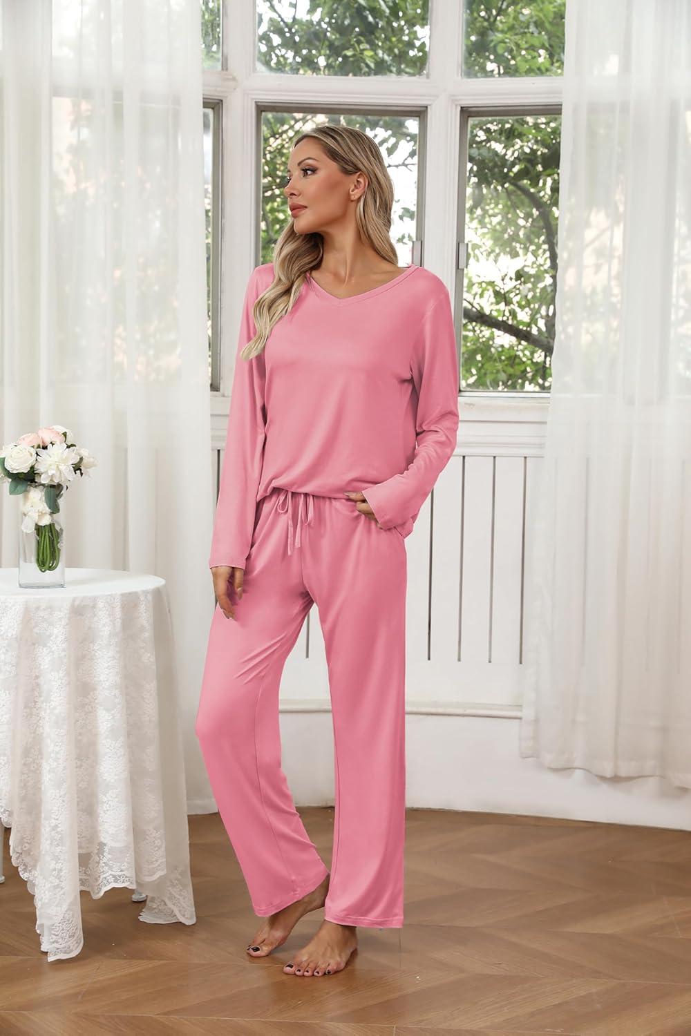 imageEkouaer Womens 2 Pack Pajama Set Long Sleeve Pajamas Top and Pants V Neck Pjs Set Soft Loungewear with PocketsLight Blue Star Pink