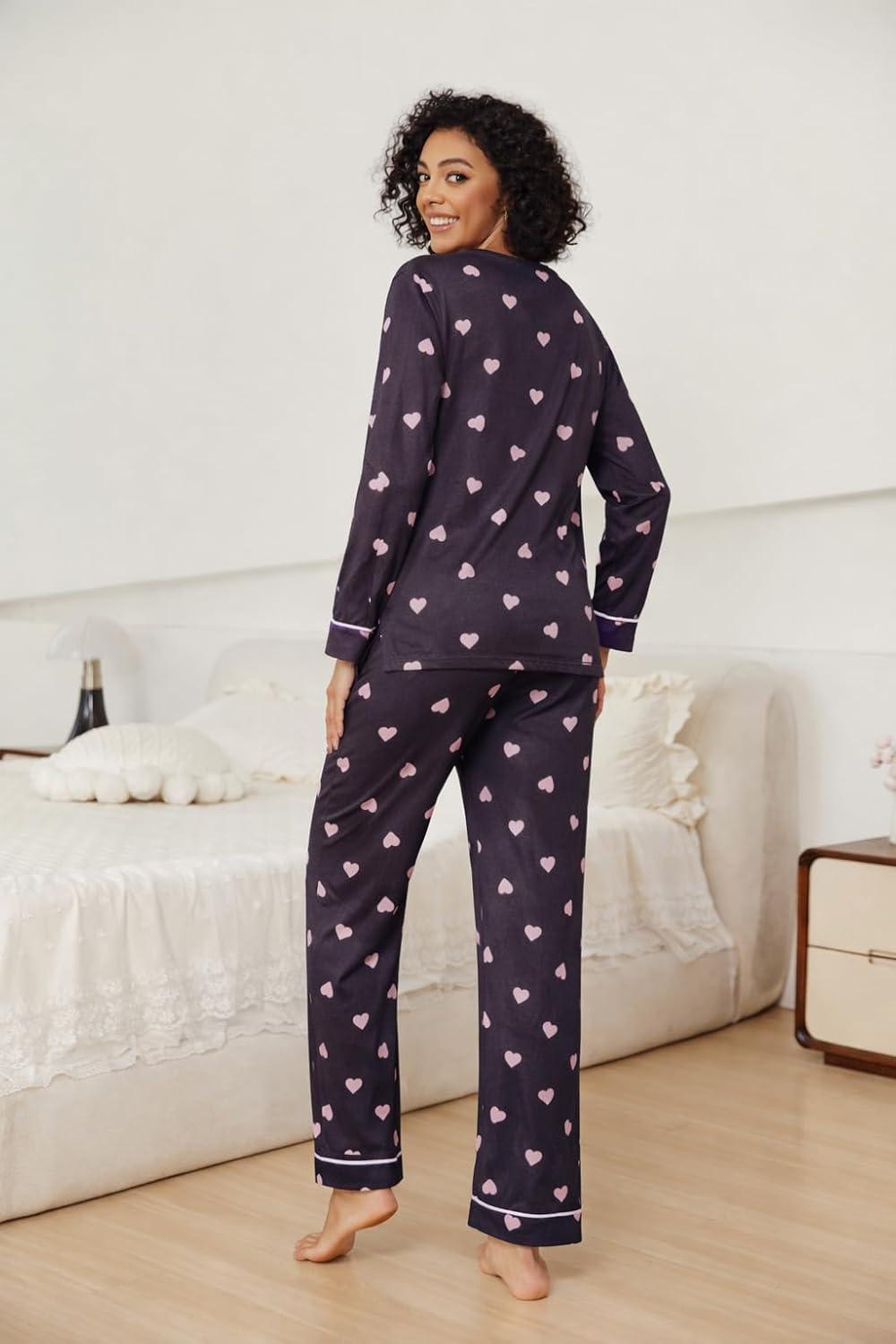 imageEkouaer Womens 2 Pack Pajama Set Long Sleeve Pajamas Top and Pants V Neck Pjs Set Soft Loungewear with PocketsLight Grey love Navy Blue