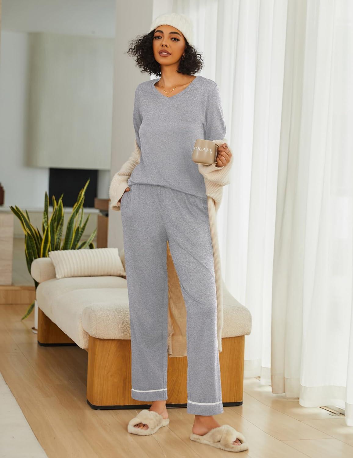 imageEkouaer Womens 2 Pack Pajama Set Long Sleeve Pajamas Top and Pants V Neck Pjs Set Soft Loungewear with PocketsLight Grey love Navy Blue
