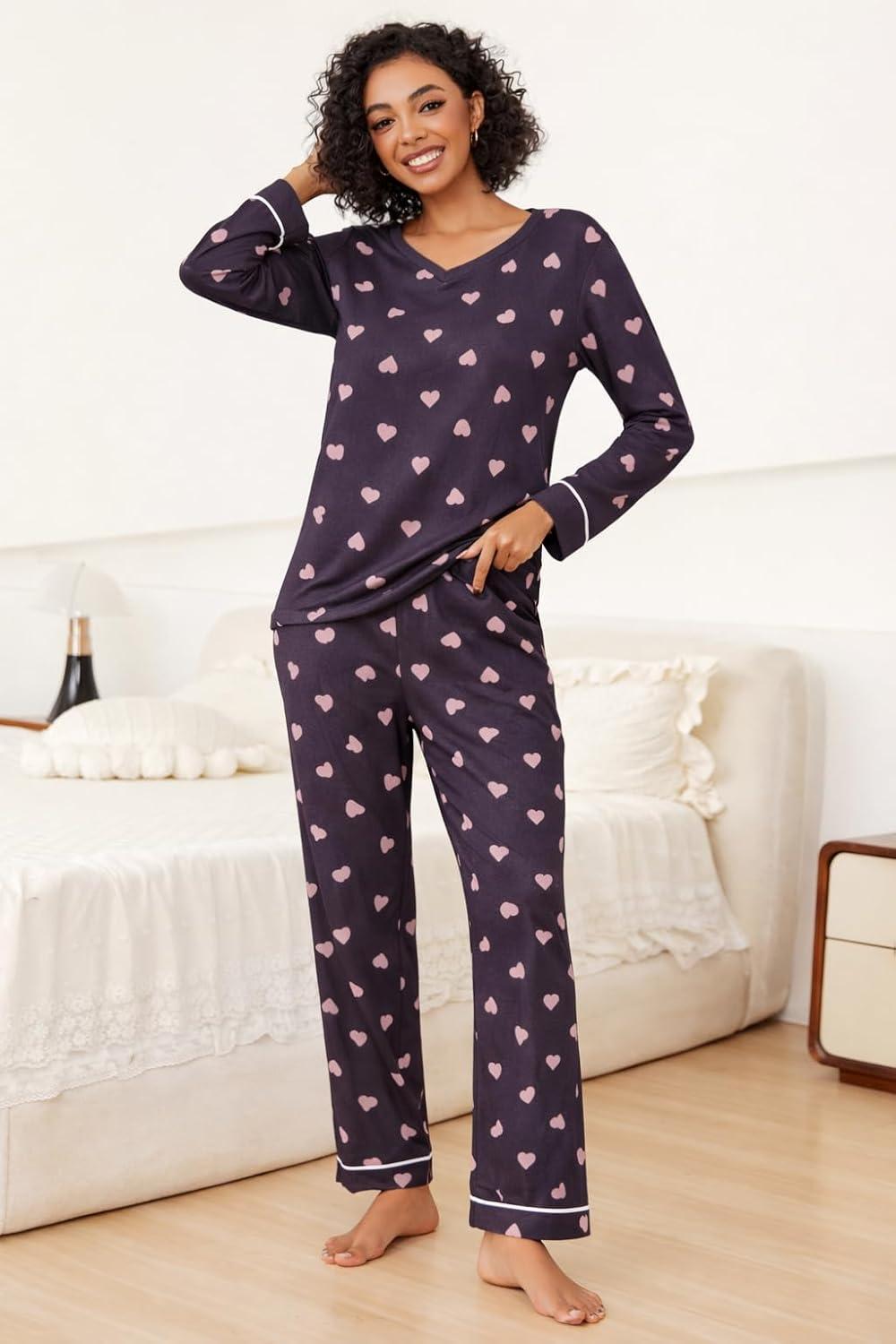 imageEkouaer Womens 2 Pack Pajama Set Long Sleeve Pajamas Top and Pants V Neck Pjs Set Soft Loungewear with PocketsLight Grey love Navy Blue