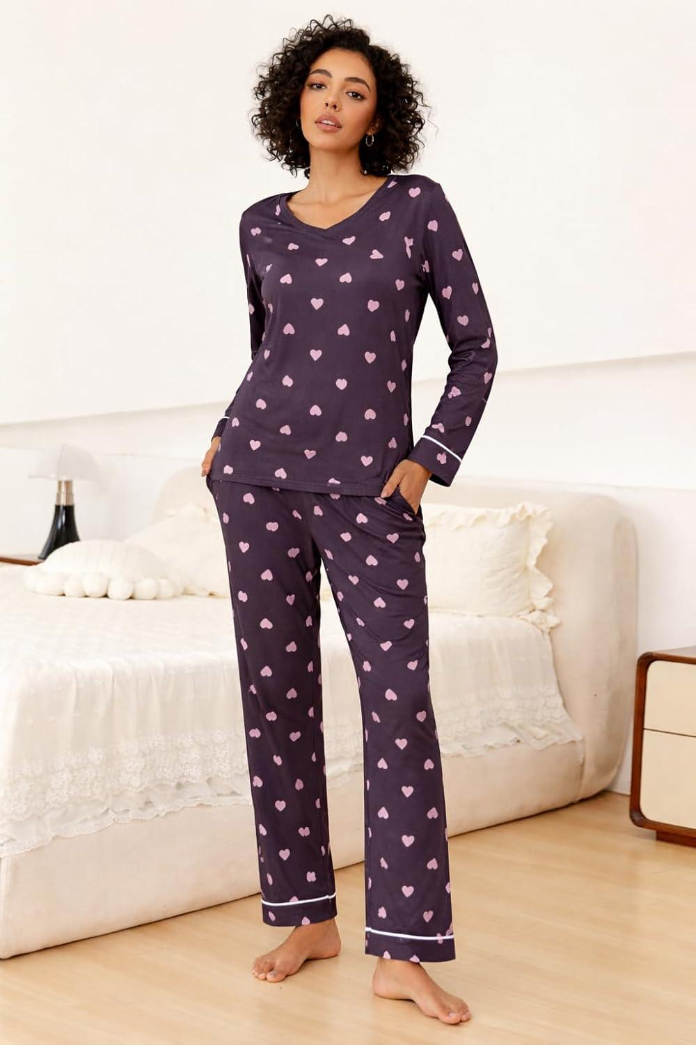 imageEkouaer Womens 2 Pack Pajama Set Long Sleeve Pajamas Top and Pants V Neck Pjs Set Soft Loungewear with PocketsLight Grey love Navy Blue