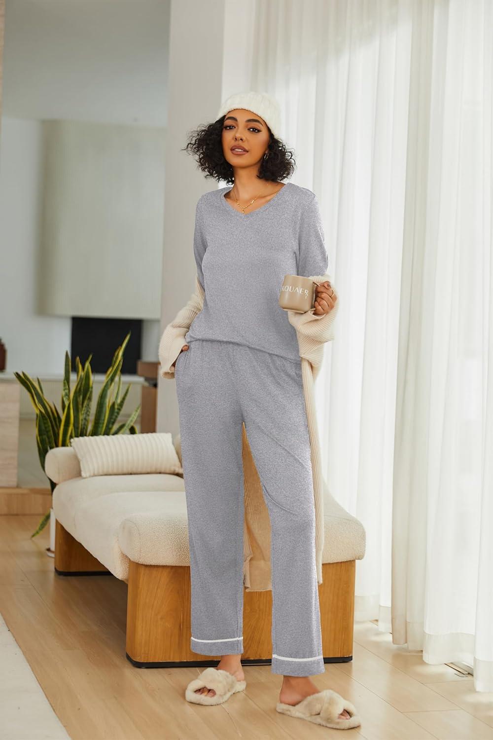 imageEkouaer Womens 2 Pack Pajama Set Long Sleeve Pajamas Top and Pants V Neck Pjs Set Soft Loungewear with PocketsLight Grey wine Red