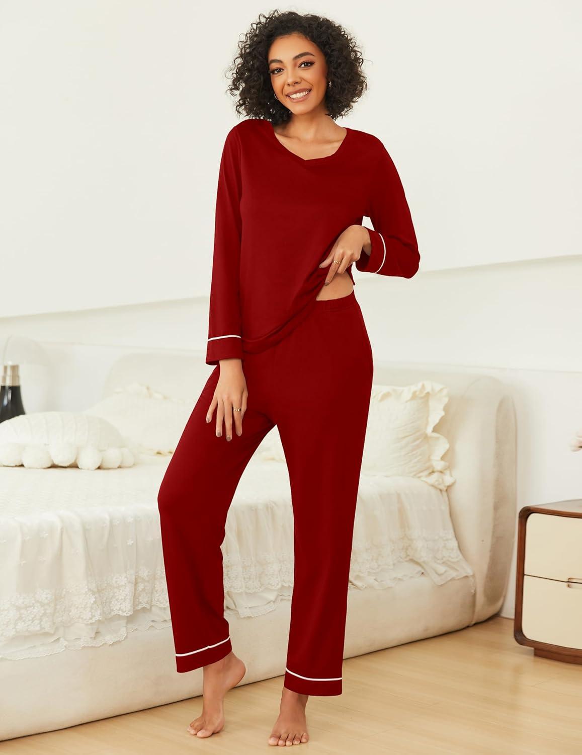 imageEkouaer Womens 2 Pack Pajama Set Long Sleeve Pajamas Top and Pants V Neck Pjs Set Soft Loungewear with PocketsLight Grey wine Red