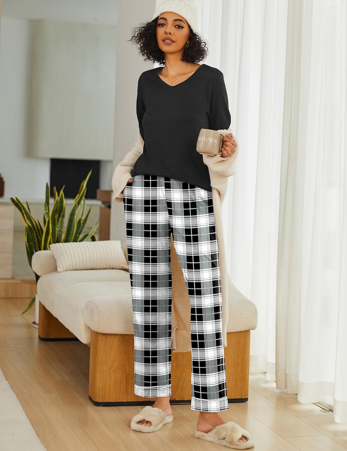 imageEkouaer Womens 2 Pack Pajama Set Long Sleeve Pajamas Top and Pants V Neck Pjs Set Soft Loungewear with PocketsPlaidredblack plaidblackwhite