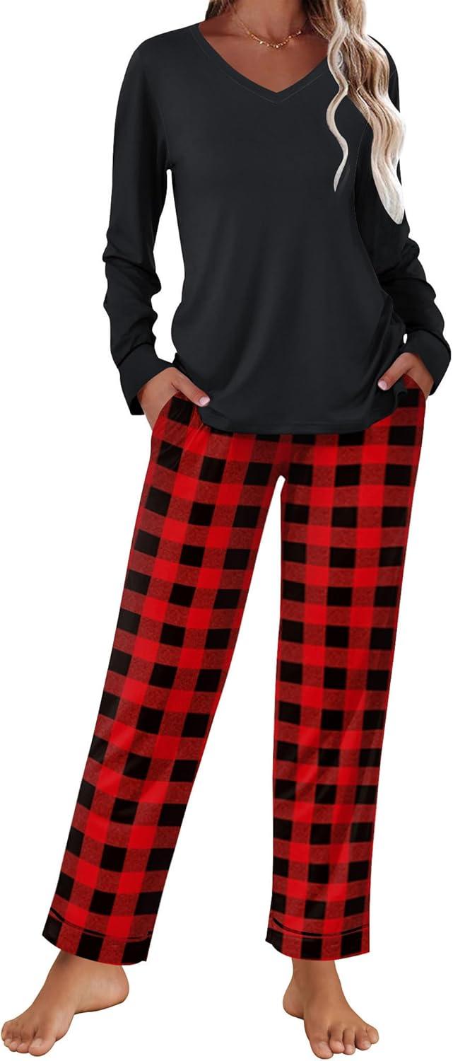 imageEkouaer Womens 2 Pack Pajama Set Long Sleeve Pajamas Top and Pants V Neck Pjs Set Soft Loungewear with PocketsPlaidredblack plaidblackwhite