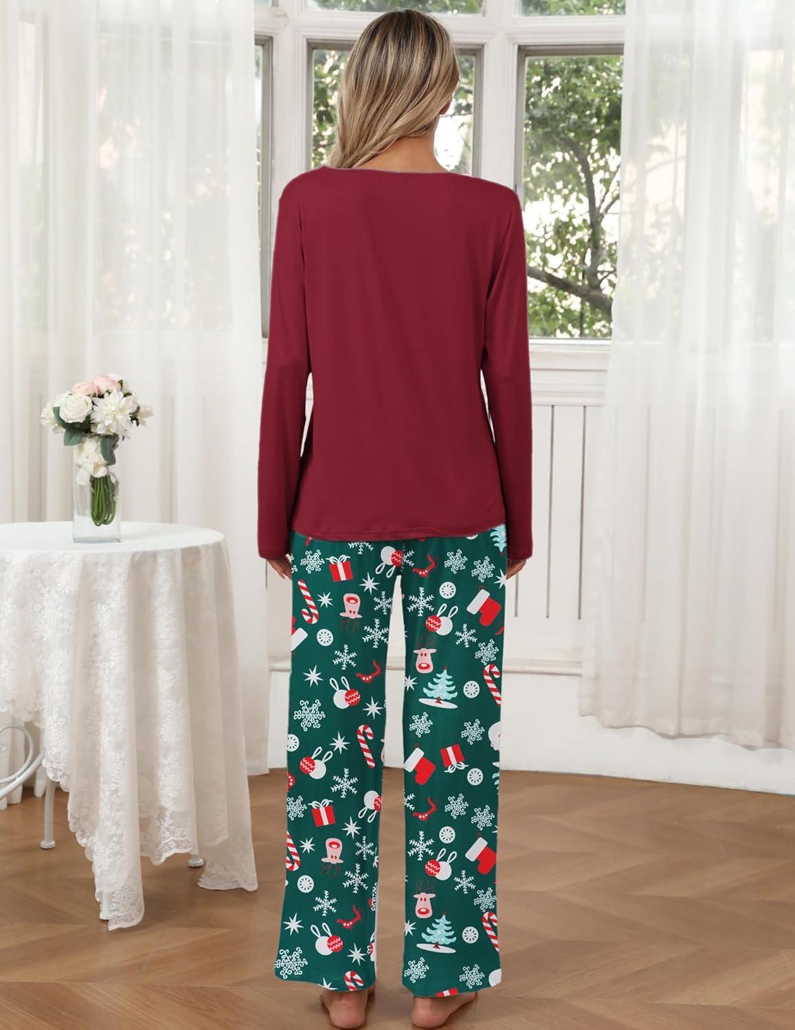 imageEkouaer Womens 2 Pack Pajama Set Long Sleeve Pajamas Top and Pants V Neck Pjs Set Soft Loungewear with PocketsRed Christmas Print Green Christmas Print