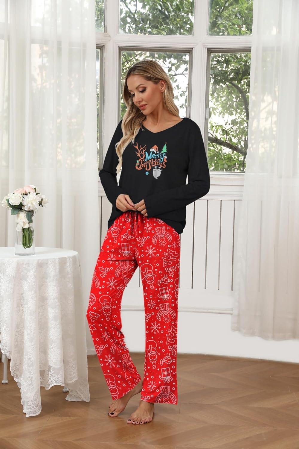 imageEkouaer Womens 2 Pack Pajama Set Long Sleeve Pajamas Top and Pants V Neck Pjs Set Soft Loungewear with PocketsRed Christmas Print Green Christmas Print