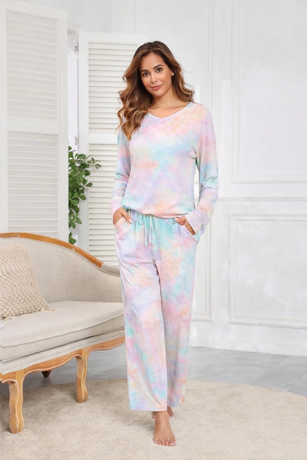 imageEkouaer Womens 2 Pack Pajama Set Long Sleeve Pajamas Top and Pants V Neck Pjs Set Soft Loungewear with PocketsStripesblackwhite tiedye