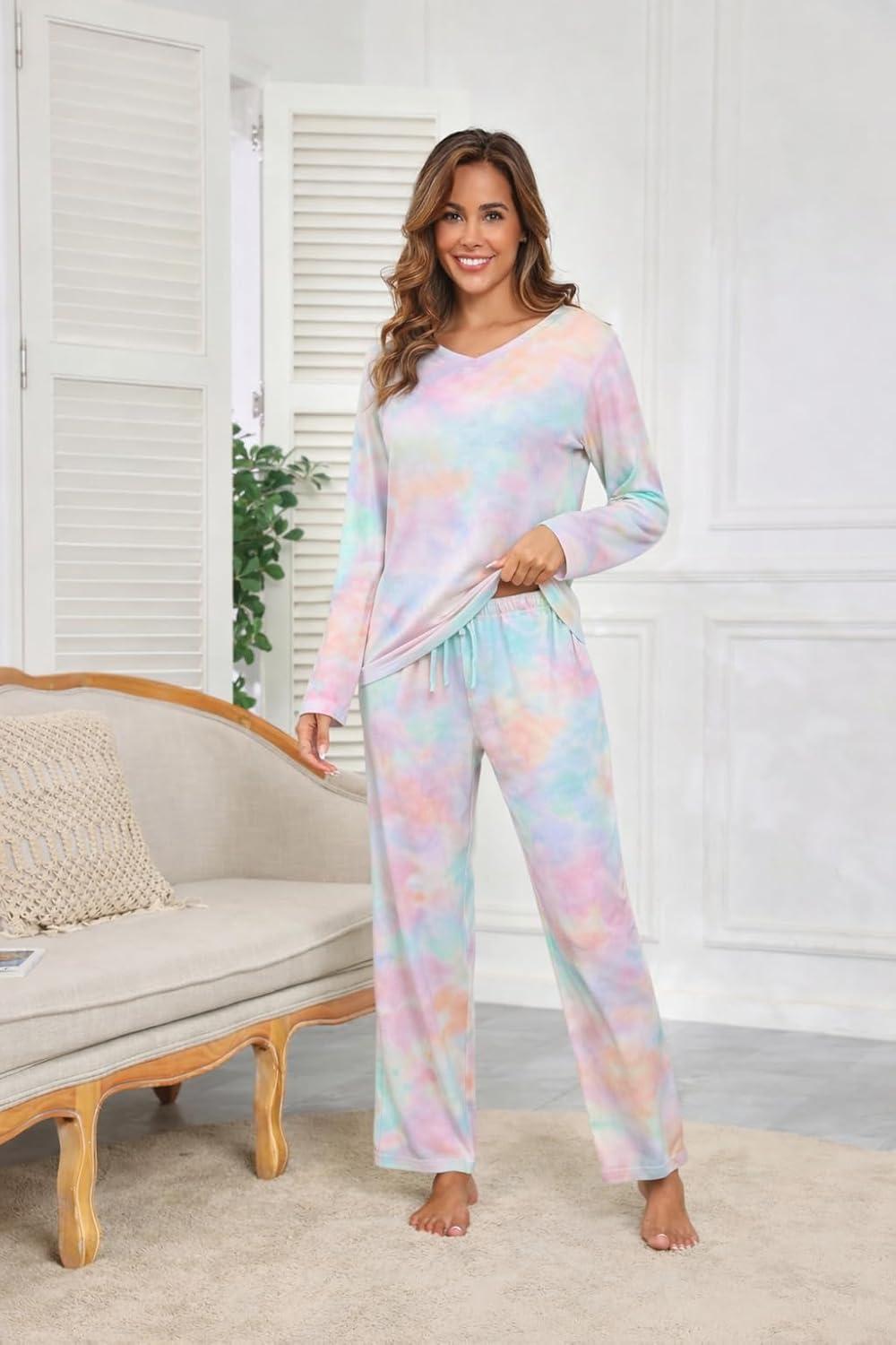 imageEkouaer Womens 2 Pack Pajama Set Long Sleeve Pajamas Top and Pants V Neck Pjs Set Soft Loungewear with PocketsStripesblackwhite tiedye
