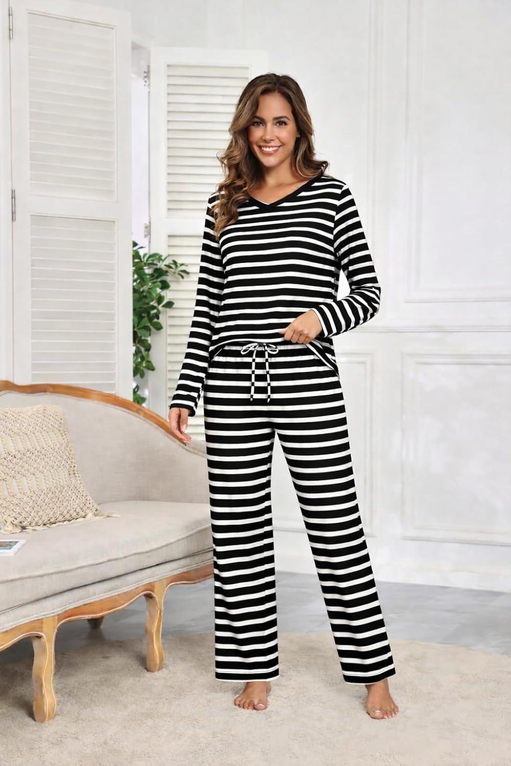 imageEkouaer Womens 2 Pack Pajama Set Long Sleeve Pajamas Top and Pants V Neck Pjs Set Soft Loungewear with PocketsStripesblackwhite tiedye