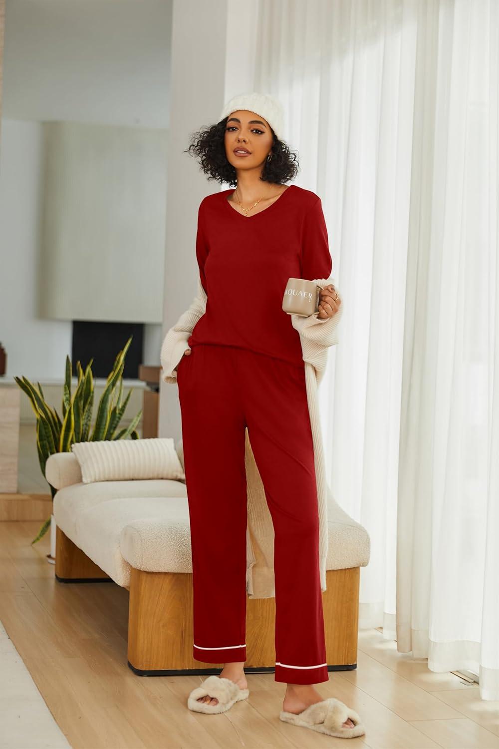 imageEkouaer Womens 2 Pack Pajama Set Long Sleeve Pajamas Top and Pants V Neck Pjs Set Soft Loungewear with PocketsWine Red Christmasblack