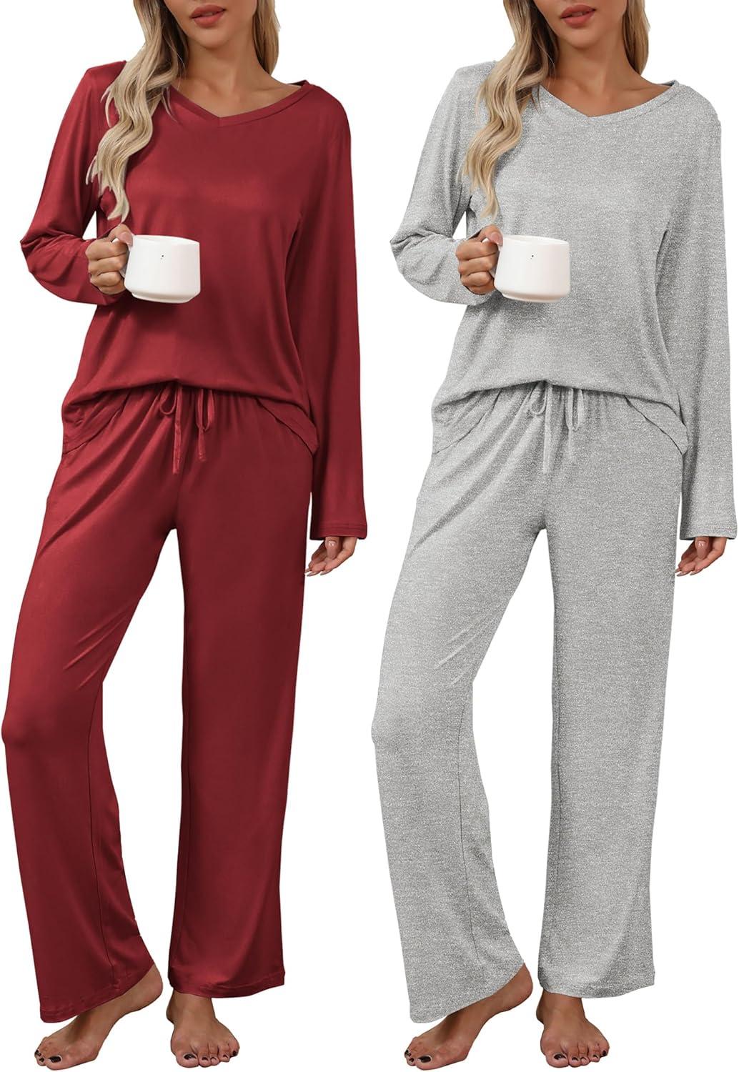 imageEkouaer Womens 2 Pack Pajama Set Long Sleeve Pajamas Top and Pants V Neck Pjs Set Soft Loungewear with PocketsWine Red Light Gray