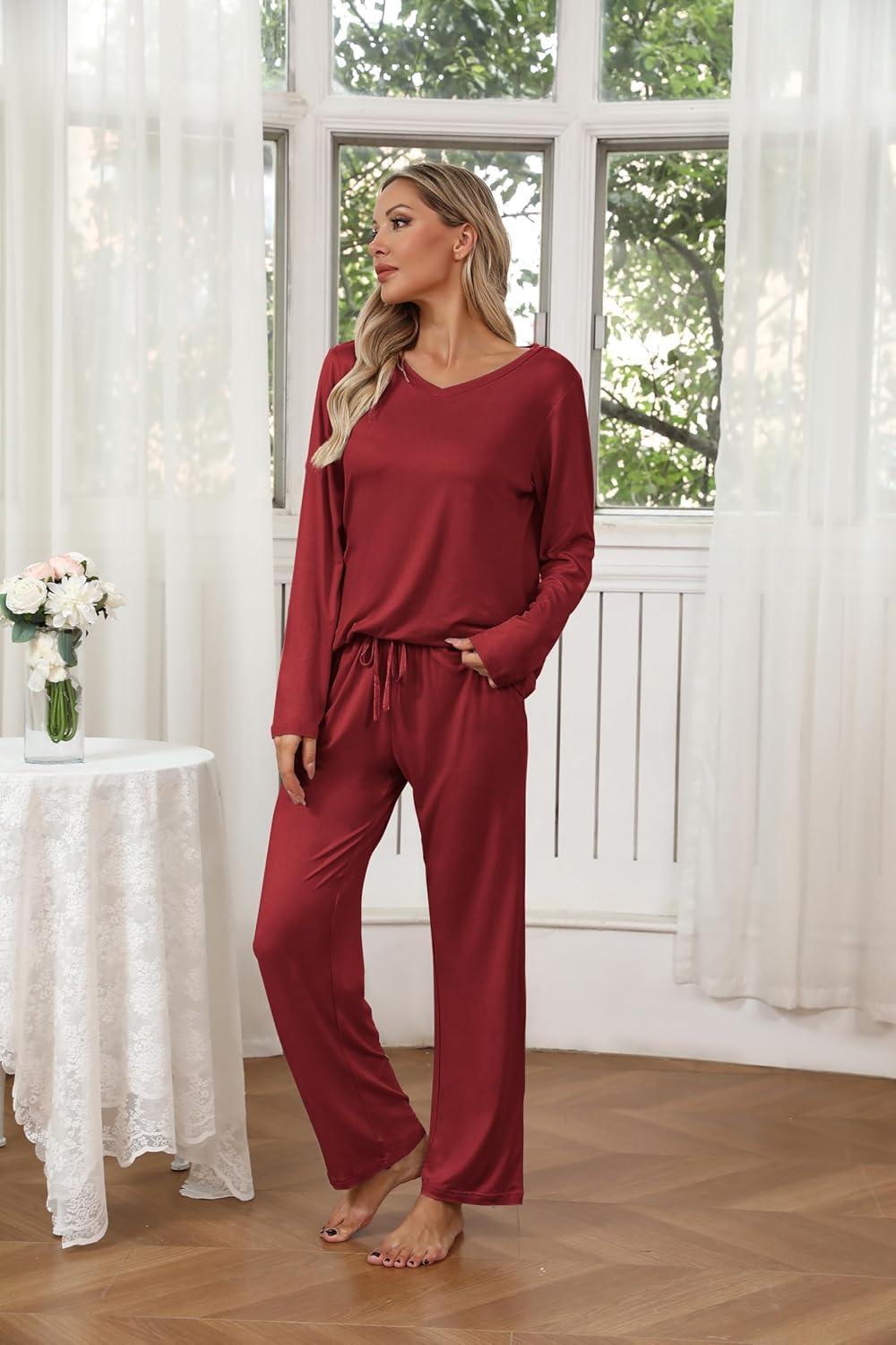 imageEkouaer Womens 2 Pack Pajama Set Long Sleeve Pajamas Top and Pants V Neck Pjs Set Soft Loungewear with PocketsWine Red Light Gray