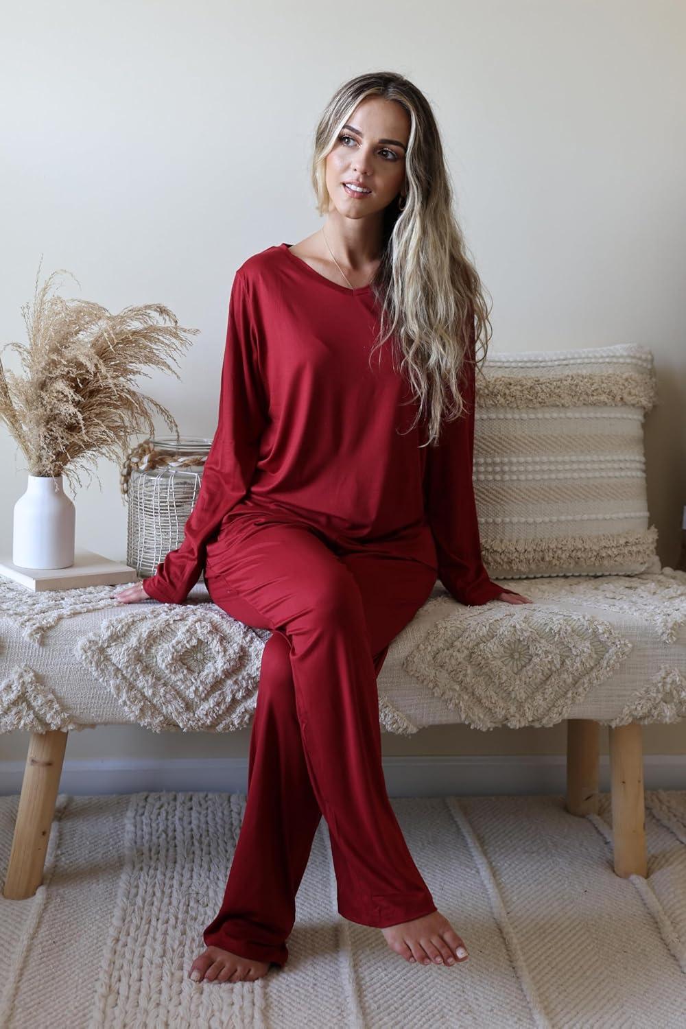 imageEkouaer Womens 2 Pack Pajama Set Long Sleeve Pajamas Top and Pants V Neck Pjs Set Soft Loungewear with PocketsWine Red Light Gray