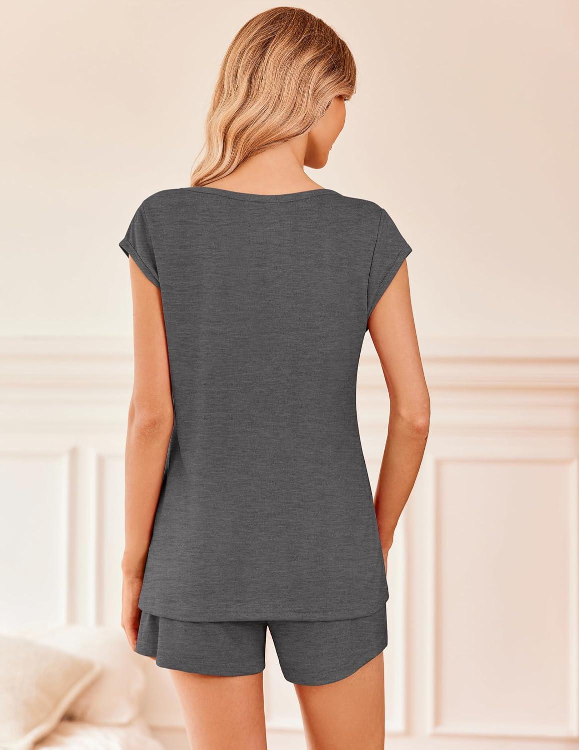 imageEkouaer Womens Pajama Sets 2 Piece Lounge Sets Comfy Short Sleeve Tops and Shorts Cute Pjs Outfits Set SXXLDark Grey