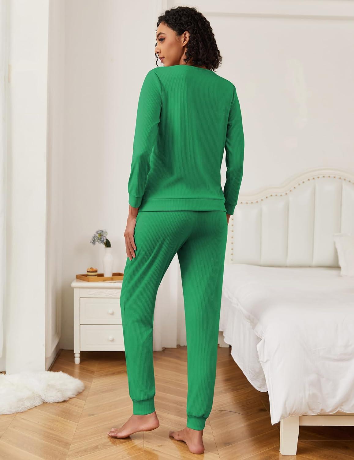 imageEkouaer Womens Pajama Sets Casual 2Pcs Sleepwear Long Sleeve Pullover Tops Long Joggers Pants with PocketsRibgreen