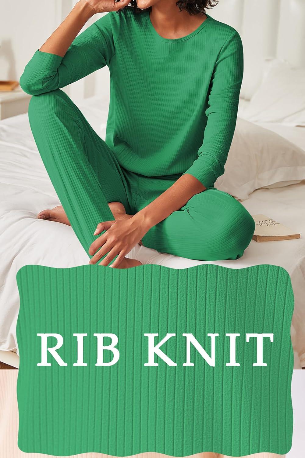 imageEkouaer Womens Pajama Sets Casual 2Pcs Sleepwear Long Sleeve Pullover Tops Long Joggers Pants with PocketsRibgreen