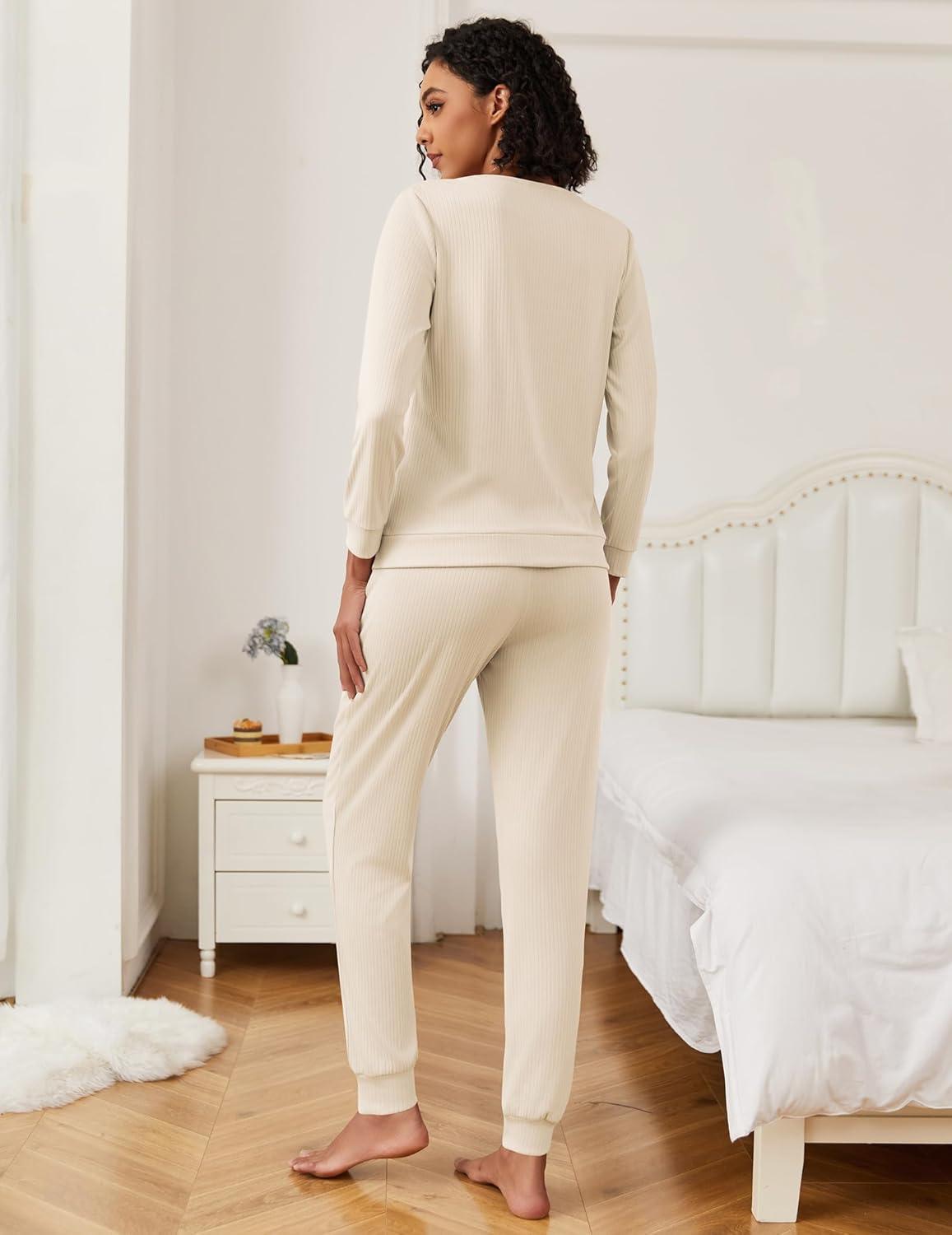 imageEkouaer Womens Pajama Sets Casual 2Pcs Sleepwear Long Sleeve Pullover Tops Long Joggers Pants with PocketsRiblight Khaki