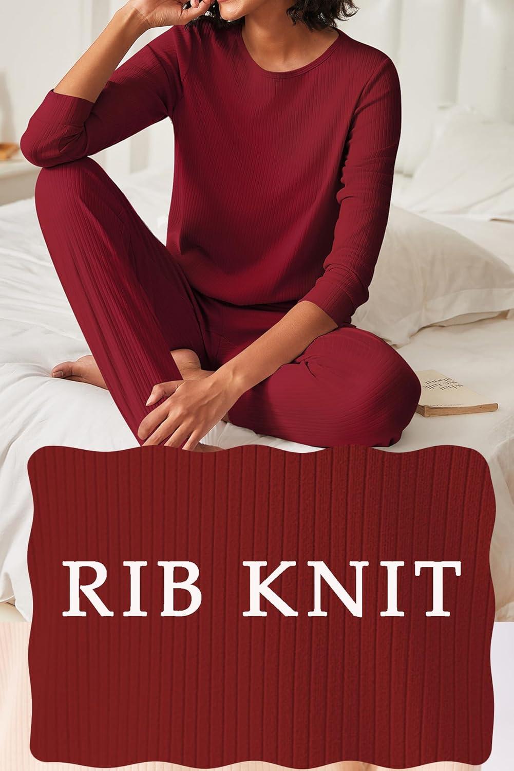 imageEkouaer Womens Pajama Sets Casual 2Pcs Sleepwear Long Sleeve Pullover Tops Long Joggers Pants with PocketsRibwine Red
