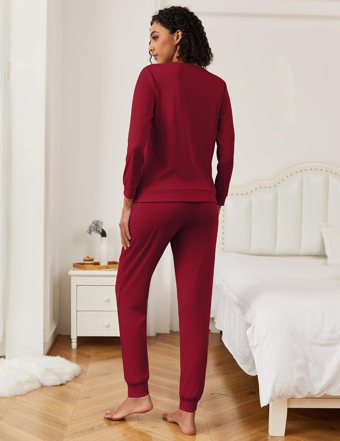 imageEkouaer Womens Pajama Sets Casual 2Pcs Sleepwear Long Sleeve Pullover Tops Long Joggers Pants with PocketsRibwine Red