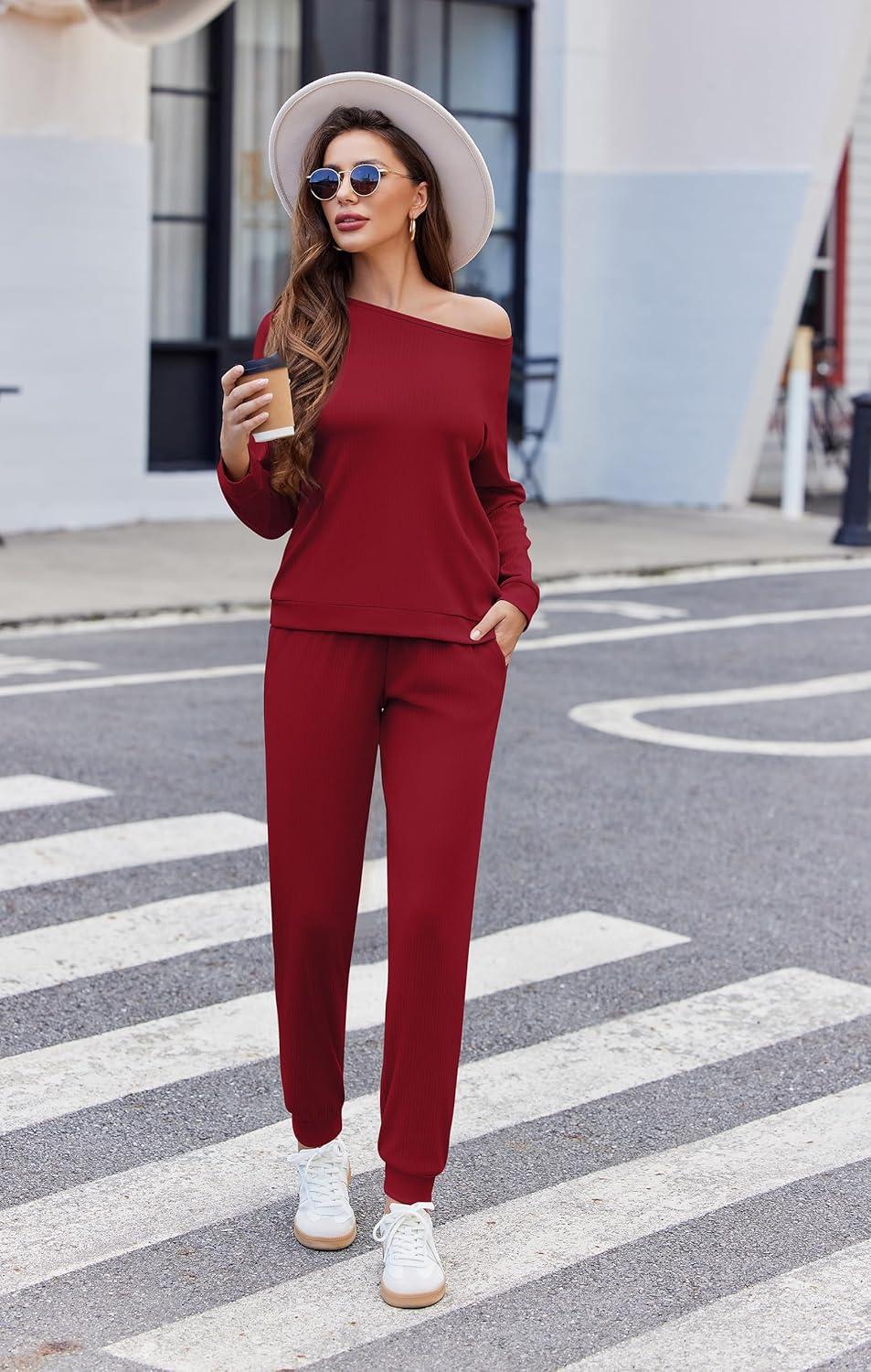 imageEkouaer Womens Pajama Sets Casual 2Pcs Sleepwear Long Sleeve Pullover Tops Long Joggers Pants with PocketsRibwine Red