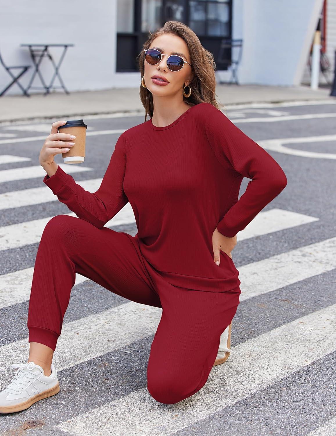 imageEkouaer Womens Pajama Sets Casual 2Pcs Sleepwear Long Sleeve Pullover Tops Long Joggers Pants with PocketsRibwine Red